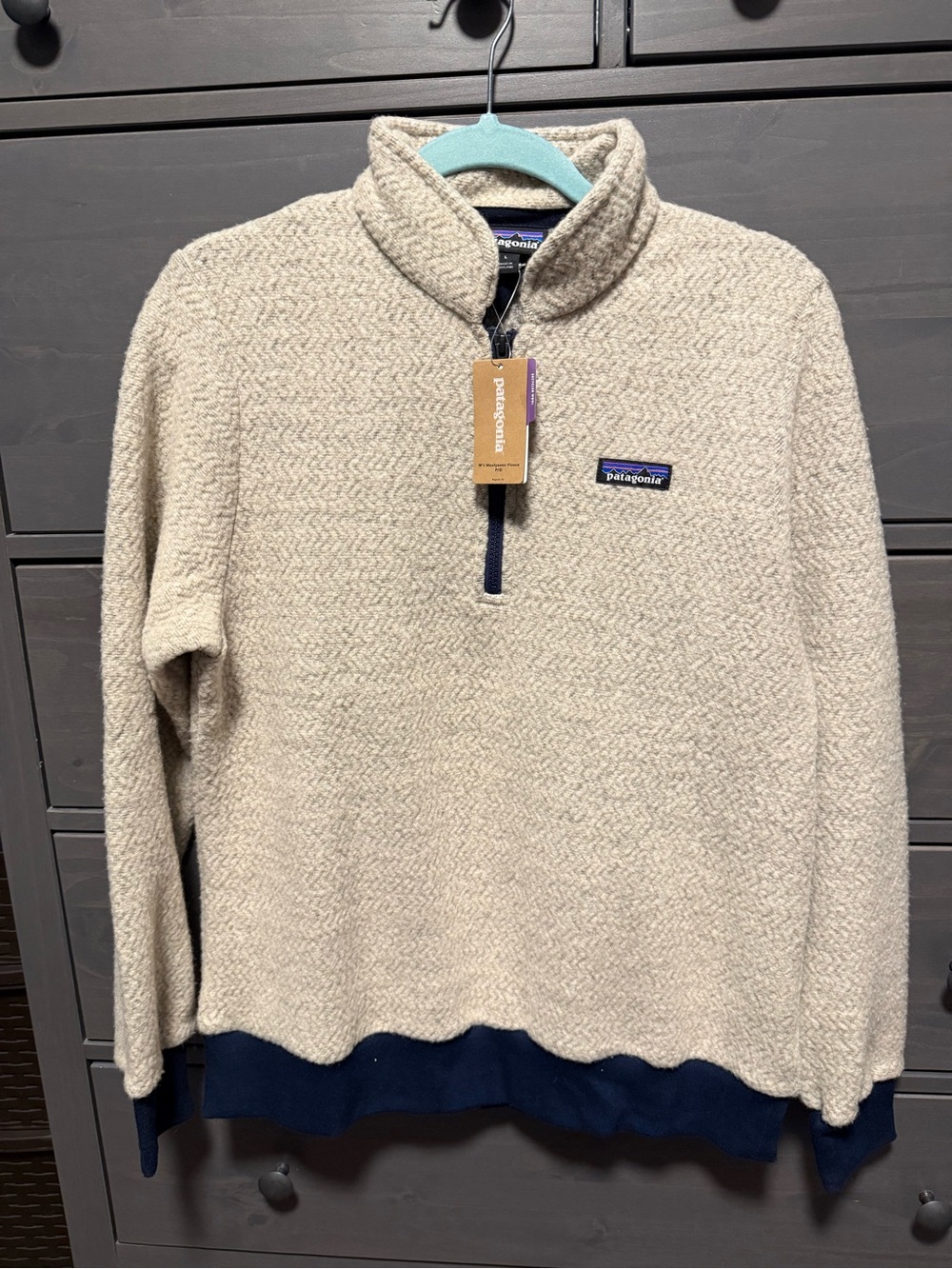 Patagonia Men’s Cream Quarter-Zip Sweater with Navy Trim